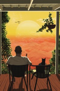 man and cat sitting in chairs looking at the sunset
