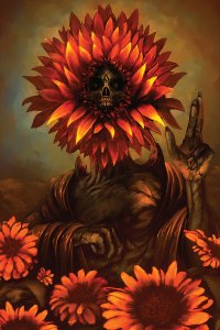 monster with skull face popping out of a suflower field with its face inside of a sunflower