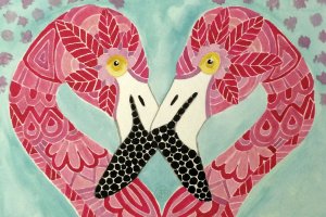 ANG28 flamingos embraced in a heart shape