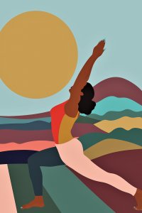 woman doing yoga post surrounded by colorful mountains and a big yellow sun