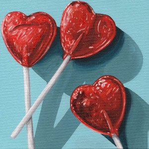 CNI19 three red heart shaped lollipops against a blue background
