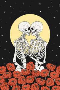 two skeletons in an embrace surrounded by red flowers and a full moon