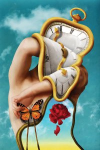 a gold clock melting on top of a person with a butterfly and red rose