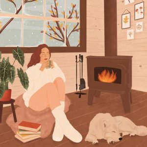 woman relaxing in living room with a cup of tea near a husky dog and fireplace