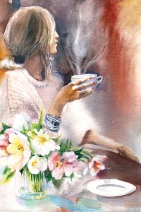 Woman holding a cup of coffee near a bouquet of tulips