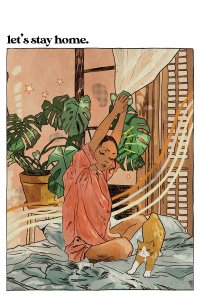 woman stretching in bed next to orange cat with a large plan on a side table