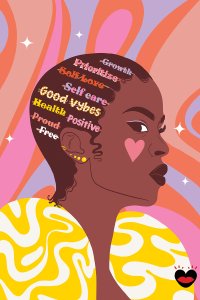 black woman with self-love words on her hair wearing a funky yellow shirt