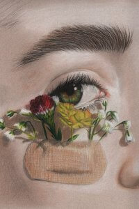 woman with green eyes with a bandaid holding flowers underneath her eye