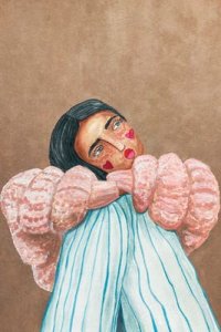 woman in a pink sweater and striped pants with hearts on her cheeks