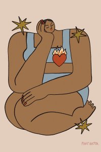 woman wearing blue biking cradling her face surrounded by a heart and stars