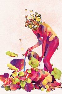 nude woman with butterflies coming out of her head watering a garden