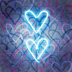 POP2105 neon glowing hearts against a brick wall background