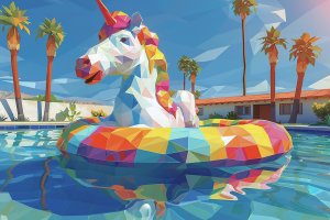 Rainbow unicorn pool float inside of a pool surrounded by palm trees