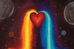 Acrylic painting harmony illustration Energy coming from the heart The concept of opposite energies: male-female, day-night, light-dark, yin-yang red heard in the middle of a starry sky with yellow and blue colors spilling out of it