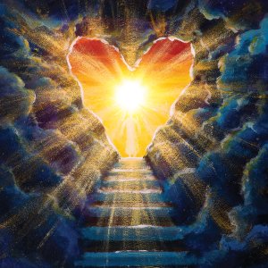 Religion painting Stairway to Heaven. Stairs in sky. Concept with sun rays. Religion background. Live heart shaped sky at sunset. Love background. stairway leading up to a heart opening with the sunlight shining through