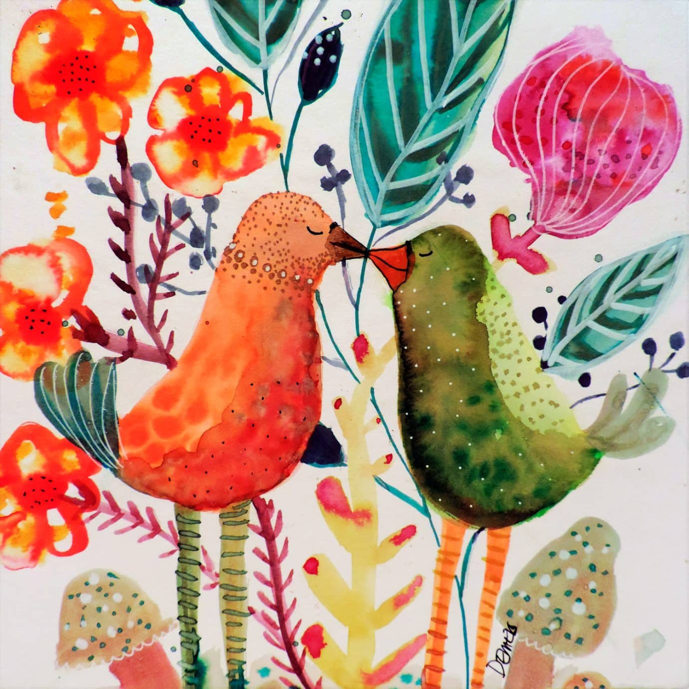 orange and green bird kissing against colorful floral background