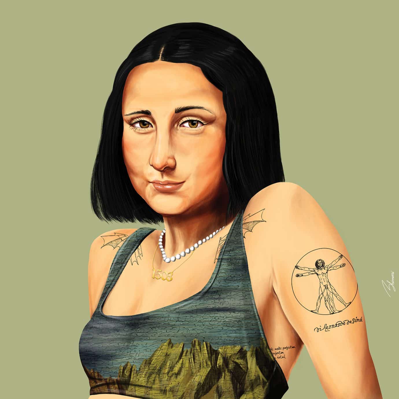 portrait of mona lisa with short black hair and tattoos on arms against green background