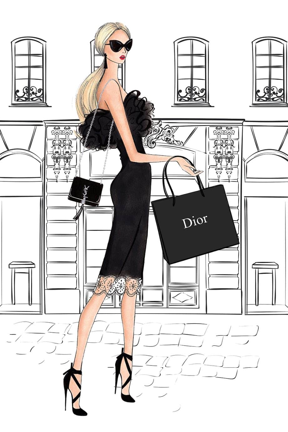 blonde woman in black dress holding dior shopping bag against storefront background