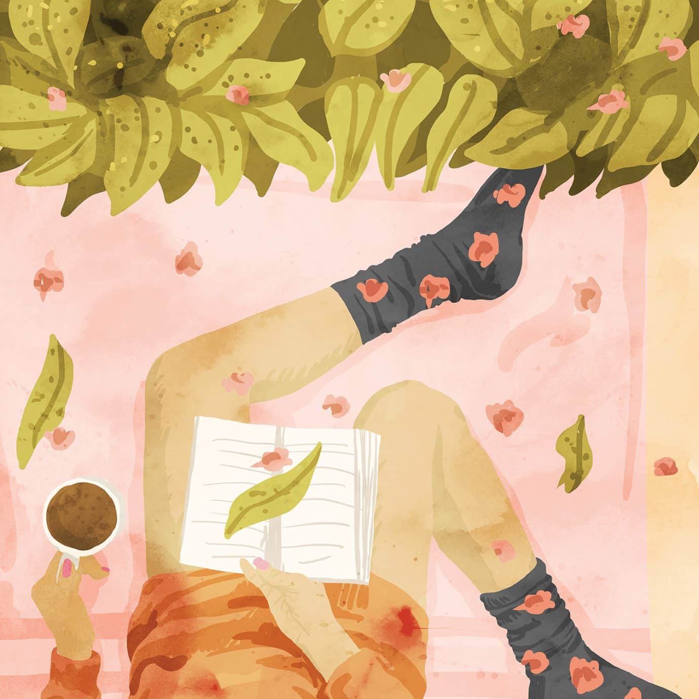 woman holding a cup of coffee and a book, wearing black and pink floral socks