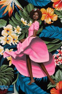 CBE3 black woman in a pink dress posing with a background of colorful leaves and flowers