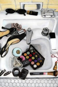 KVS13 bathroom sink full of shoes, makeup, accessories, and products