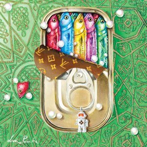 LPF83 tin can of colorful sardines against green and gold patterned background