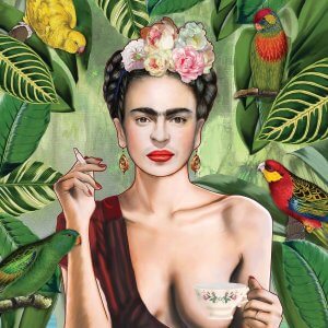 NET16 portrait of frida kahlo with a flower crown holding a cup of tea surrounded by leaves and colorful birds