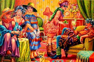 PJR16 five women in colorful clothing drinking and laughing inside of a orange and green patterned living room space