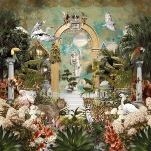 SEZ46 statue standing under a golden archway surrounded by wild animals and big green plants