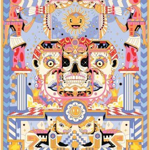 YAZ4 purple, yellow, pink, and red patterned design with egyptian symbols and skulls