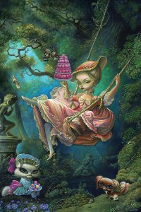 woman in a dress swinging on a swing surrounded by trees and animals