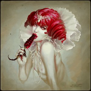 woman with red hair eating a red object with a stem