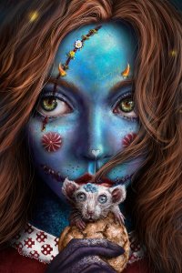 portrait of a woman with blue skin holding a small rat
