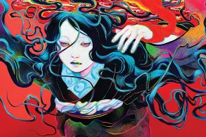 woman with flowing hair surrounded by red and other colors