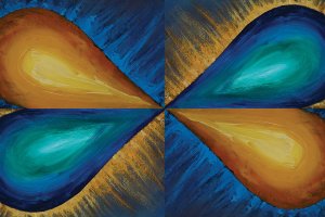 symmetrical abstract artwork blue and yellow balloons