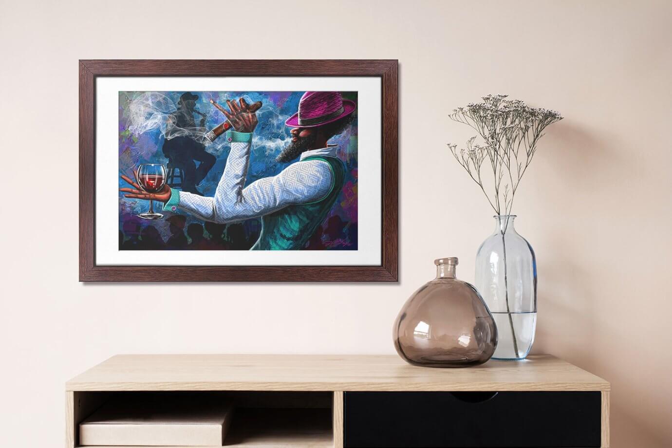 artwork of a man with cigar and wine