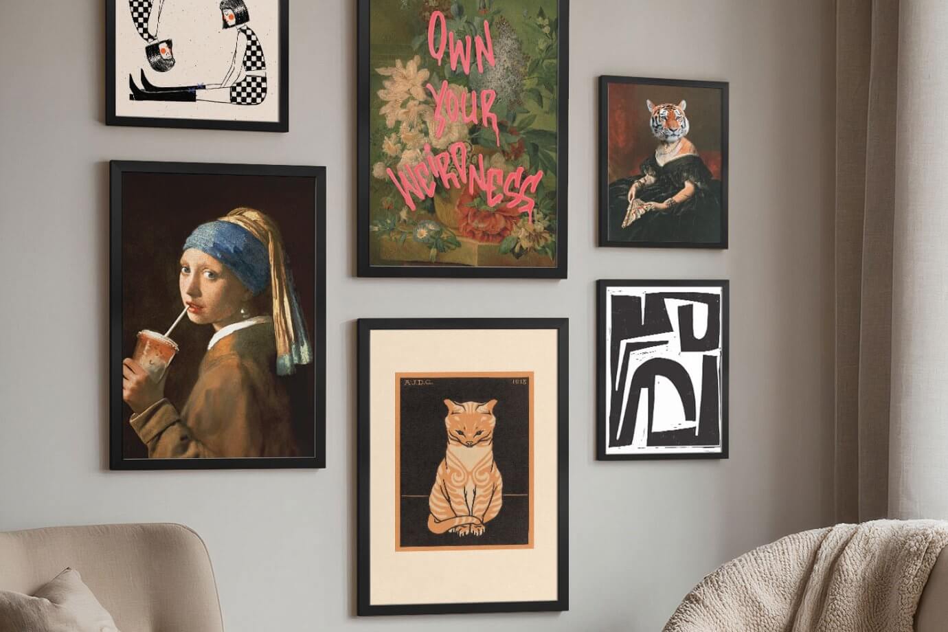 gallery wall of mixed artwork