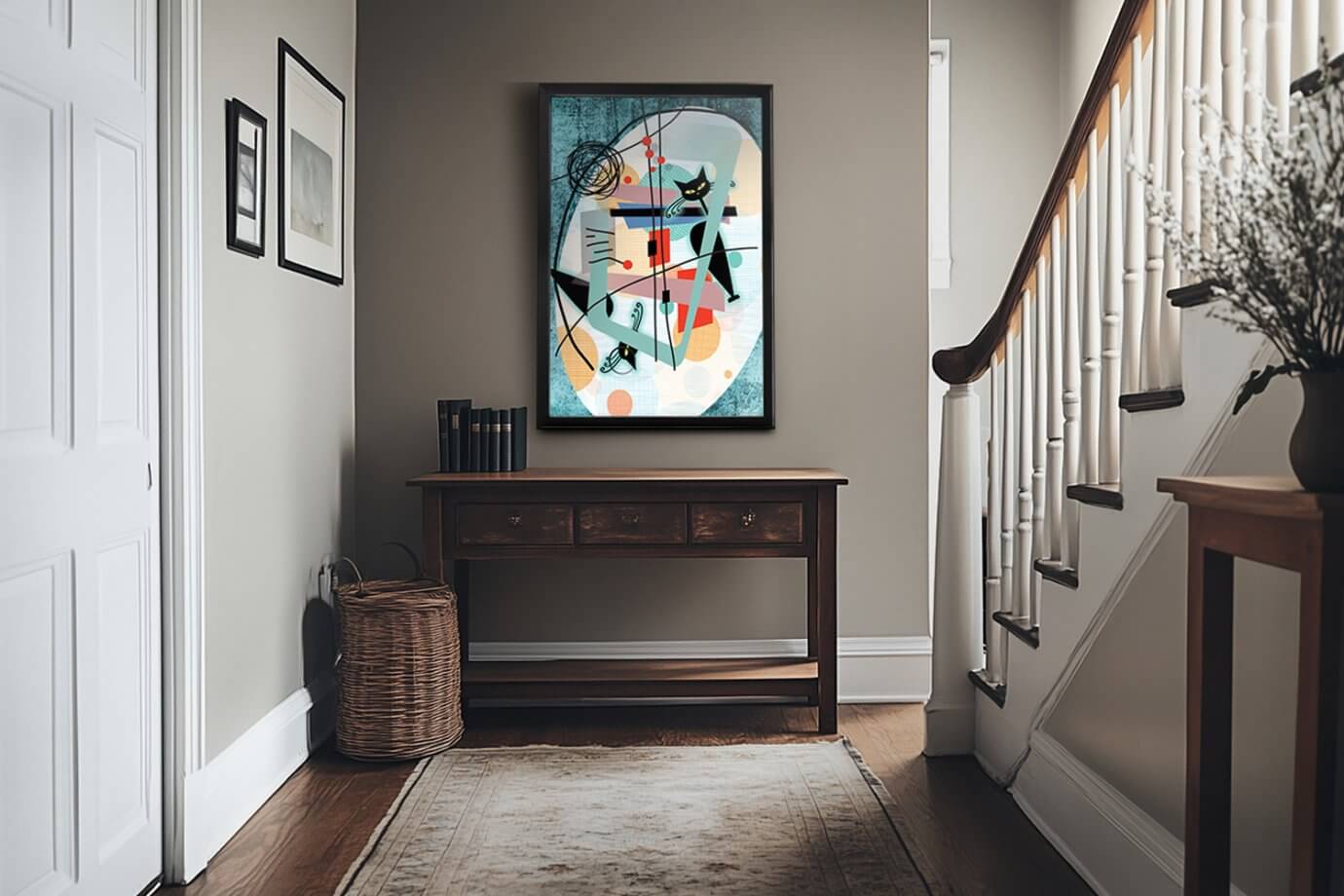 mid century modern poster in entryway