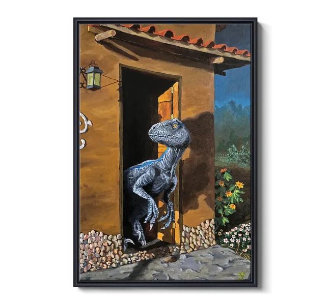 dinosaur coming out of a door