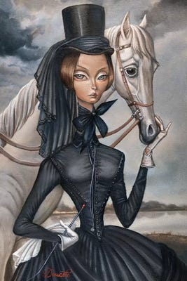 woman in black hat and dress with white horse