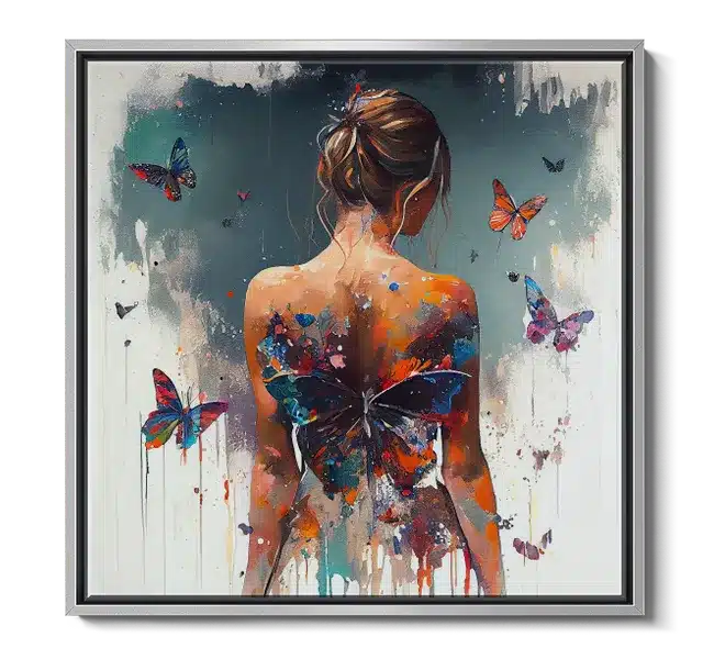 back of woman with watercolor butterflies