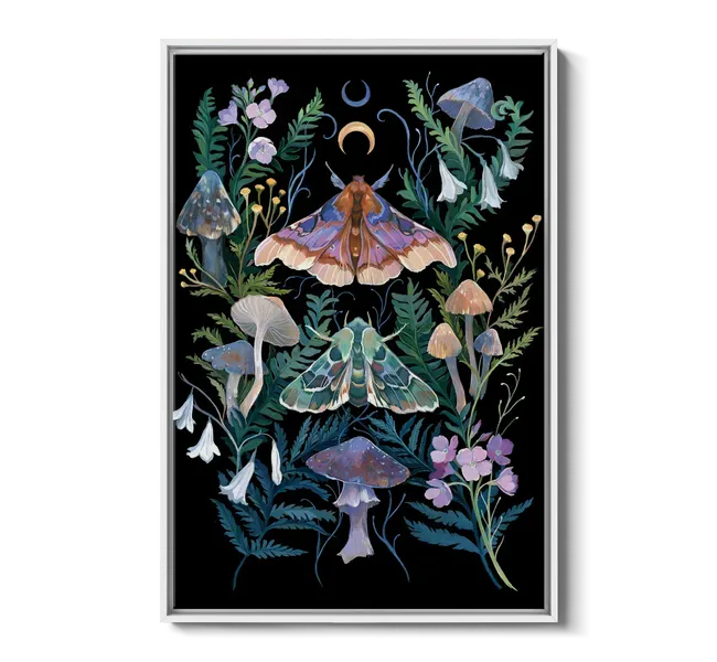 moths surrounded by mushrooms and flowers against a black background