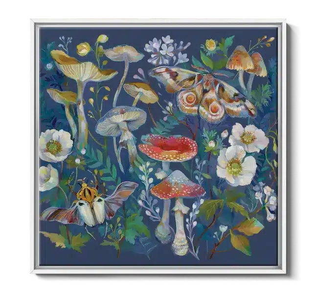 mushrooms, moths, and flowers against a blue background