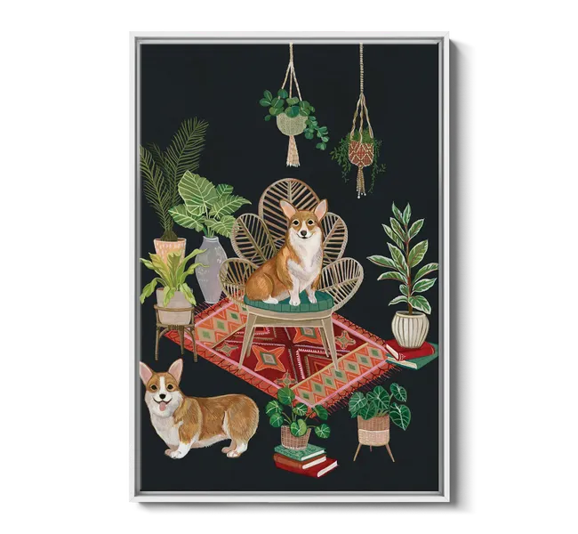 corgis against a black background surrounded by plants and a decorative rug