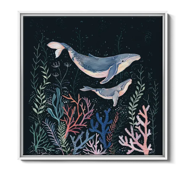 whales against a black background surrounded by coral
