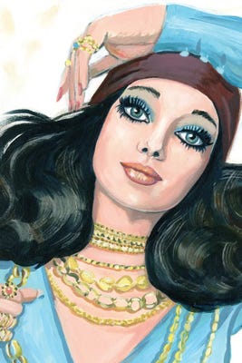 woman with blue eyeshadow and gold necklaces