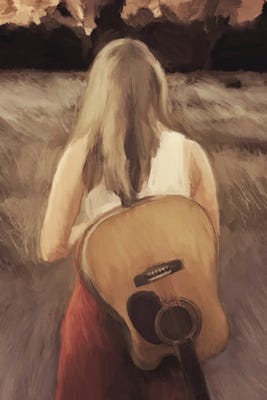 back of woman with guitar