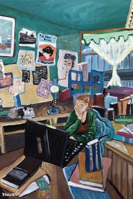 woman with laptop and books in bedroom