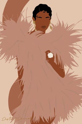 faceless woman wearing feathered dress