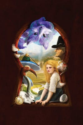 woman and creatures looking through magical keyhole
